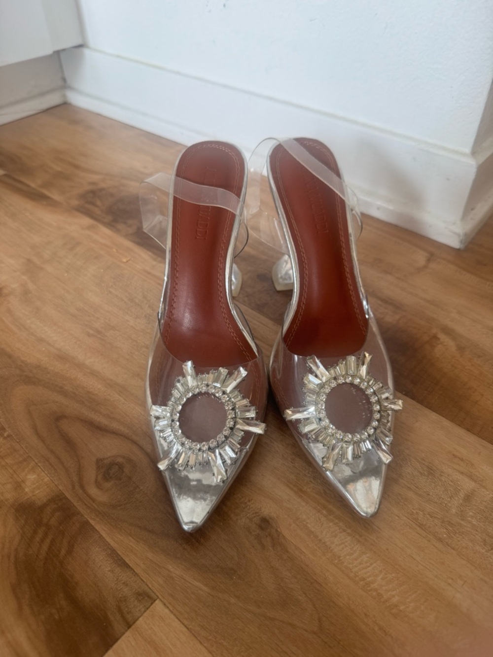 Luxury Clear Pointed Mule Heels with Crystal Sunburst Accent - Clear